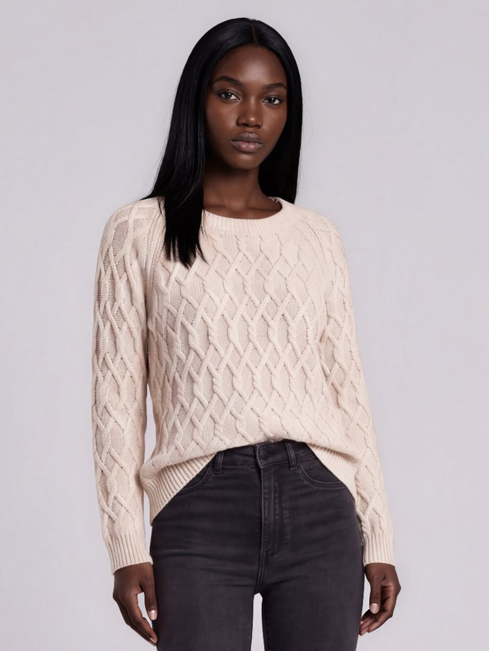 Tahari | EUC Pure Luxe Cable-Knit Wool Cashmere Sweater in Oatmeal/Cream Size L
